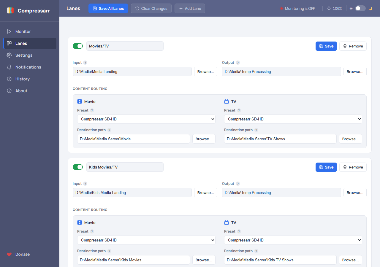 Lanes page: two lanes, each with an enable toggle, input and output folders, and separate Movie and TV cards holding a preset and a destination path.