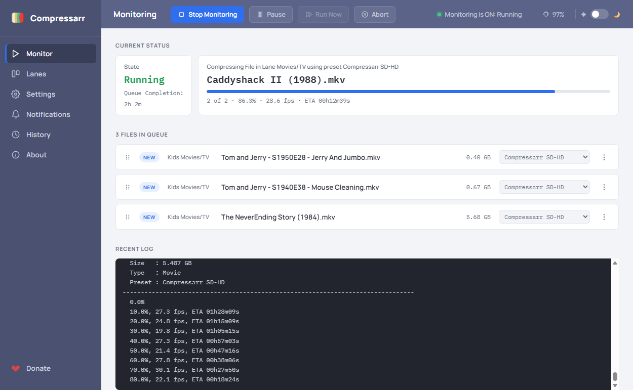 Compressarr's Monitor page: a sidebar down the left, a toolbar showing monitoring state and CPU, the file currently encoding with its lane, preset and progress, then the queue of files waiting behind it.